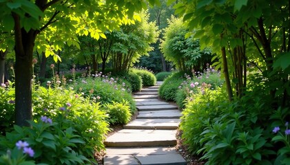 Obraz premium Stone path winding through garden, foliage framing , geometric, outdoor