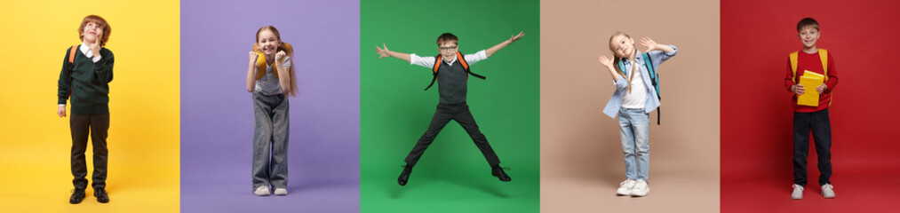 Cute school children with backpacks on different color backgrounds. Back to school. Collage of photos
