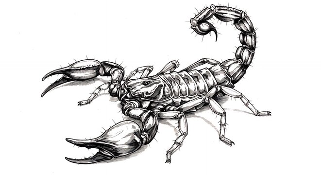 Detailed black and white scorpion line art tattoo design