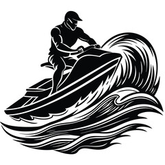 Black Silhouette Jet Ski Rider Surfing Wave Graphic Illustration Design