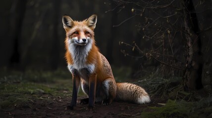 Obraz premium The fox in its natural habitat. Red fox standing alert in snowy winter forest with light snowfall. 