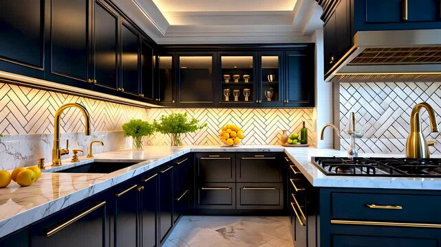 Modern luxury kitchen with dark cabinetry, white counters and gold fixtures