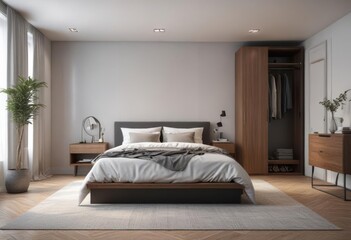 Sleek modern bedroom with walk-in closet; minimalist furniture ,  statement piece,  minimalist,  room