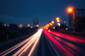 Abstract late-night city lights streak across dark sky, illumination, background, futuristic