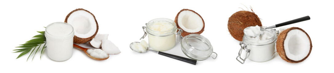 Cooking oil and coconuts isolated on white, set