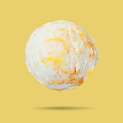 Ice cream scoop in air on yellow background. Yummy dessert