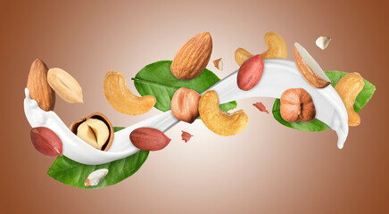 Milk splash with different nuts in air on pale brown background