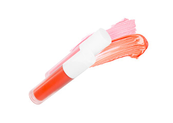 Tubes of lip gloss and samples isolated on white