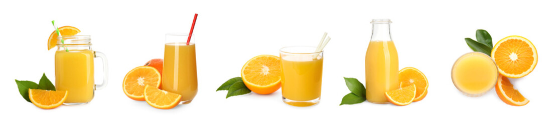 Tasty orange juice and fresh fruits on white background, set
