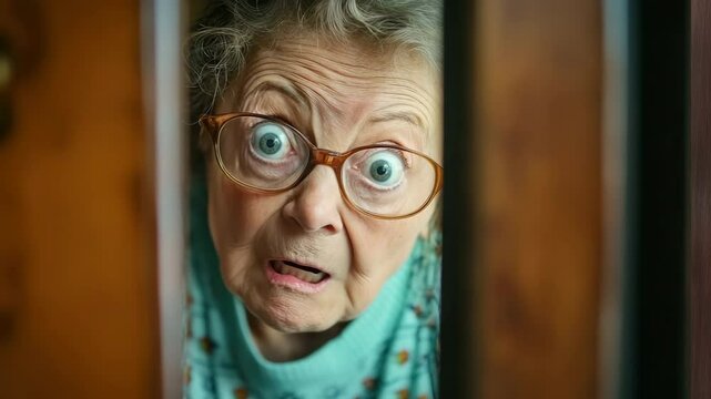 Curious neighbor peers through door. Intrigue and tension. Privacy, misunderstandings. Crazy annoying grandmother or mother-in-law peeping from behind, eavesdropping conversation. Old lady hiding.
