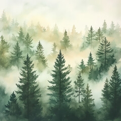 Fototapeta premium serene landscape featuring dense forest shrouded in mist, with tall evergreen trees creating tranquil atmosphere. soft hues of green and subtle fog evoke sense of calm and connection to nature
