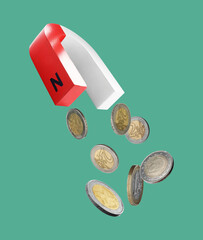 Horseshoe magnet attracting coins on blue green color background