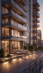 Evening sun illuminates a sleek, high-rise apartment with expansive balcony showcasing elegant design ,  residence,  view