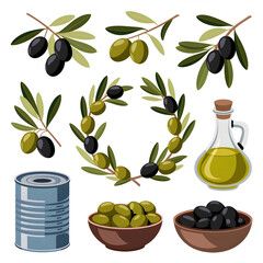 Vector set of black and green olives. Olive tree branches, wreath of olive branches, glass bottle with olive oil, bowl with olives and metal can. Healthy food vector illustration.