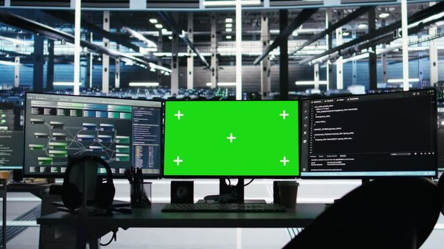 Data center green screen chroma key computer systems controlling network resources through AI visualization and node tree programming software that map infrastructure connections