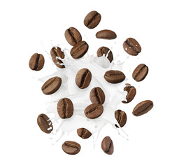 Fototapeta premium Aromatic coffee beans and splashes of fresh milk in air on white background
