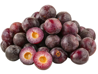 Obraz premium A Close-Up View of a Pile of Fresh, Ripe Plums, Some Sliced Open to Reveal Their Juicy Interiors, Highlighting Their Vibrant Colors and Textures