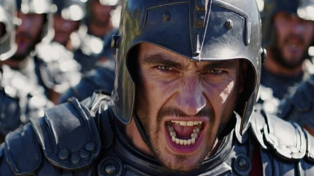 Soldier shouting fiercely in battle against ancient backdrop  