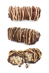Delicious puffed rice bars with chocolate on white background, collage