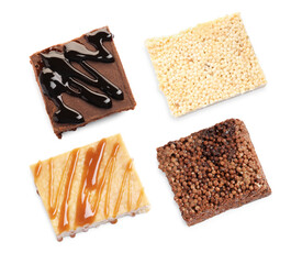 Delicious puffed rice bars on white background, set. Top view