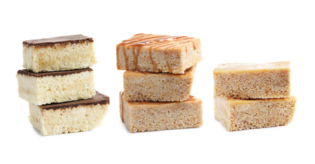 Delicious puffed rice bars on white background, collage