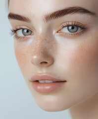 Natural Beauty Portrait with Freckles: Minimal Makeup Female Model Close-up with Dewy Skin