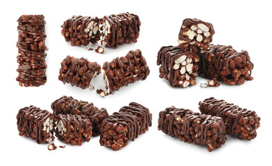 Delicious puffed rice bars with chocolate on white background, collage