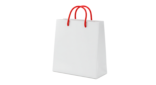 A white shopping bag with red handles isolated against a black background in studio lighting