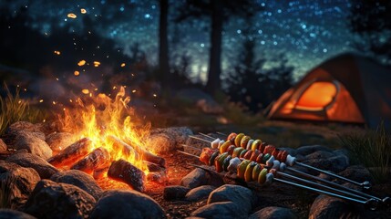 Grilling Skewer Kebabs Cooking on Campfire at Nighttime with Starry Sky