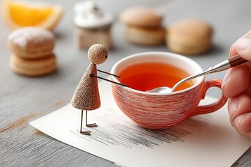 Wooden Figurine Stirring Tea in a Rustic Setting