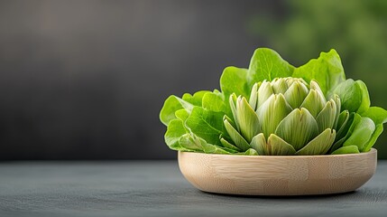 Fresh Artichoke Served on a Wooden Plate with Lettuce and a Blurred Green Background