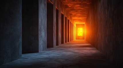 Obraz premium Long Dark Hallway with Scorched Walls and Glowing Orange Light at the End Creating an Eerie Atmosphere