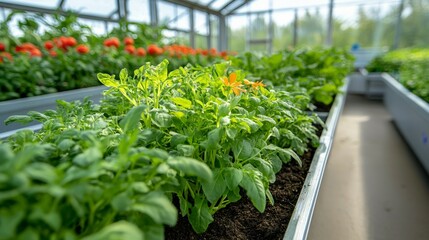 Lush Rows of Healthy Organic Herbs and Vegetables Flourishing in a Sunlit Greenhouse Environment