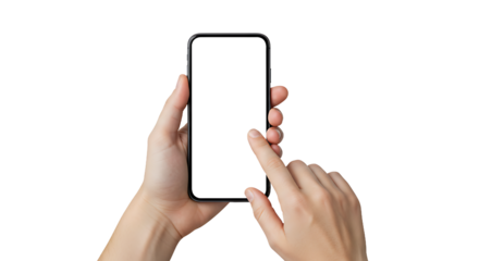 Hands holding a smartphone with blank screen and finger touching the screen on black background
