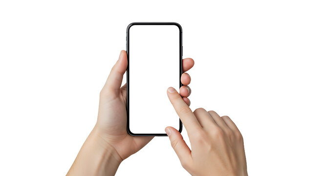 Hands holding a smartphone with blank screen and finger touching the screen on black background