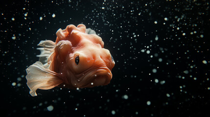 Blobfish floating slowly in deep water, pitch black background with floating sea particles, blobfish body looks soft and sagging, Ai generated images