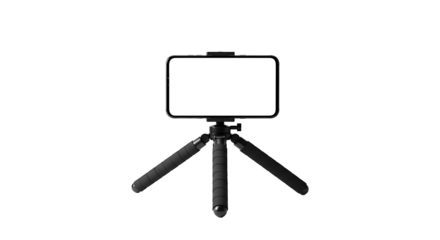 Isolated smartphone with blank screen mounted on a small black tripod against black background view front