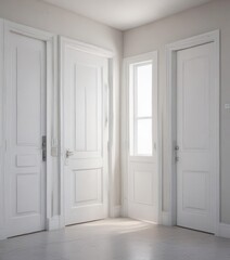 Multiple white door frames, various states, bright setting ,  interior,  empty room