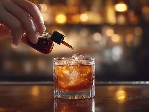 adding bitters cocktail eyedropper bokeh
