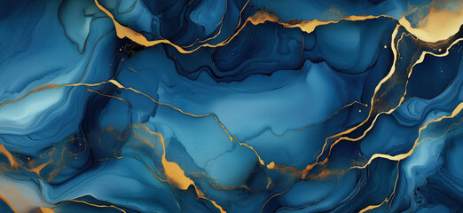 Abstract blue and gold marbled background with fluid art design elements, copy space for text.