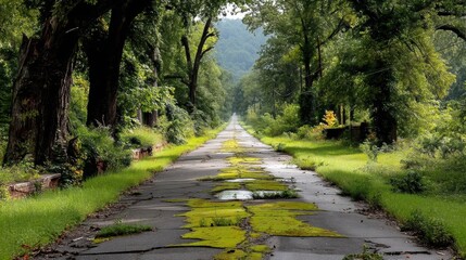 Fototapeta premium An overgrown abandoned highway with trees growing through the asphalt, wild animals freely crossing it, nature reclaiming human structures.