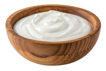 Creamy yogurt in a wooden bowl isolated on transparent background