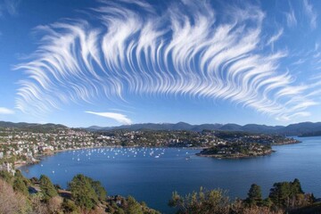 Coastal town nestled below a mesmerizing sky of flowing clouds