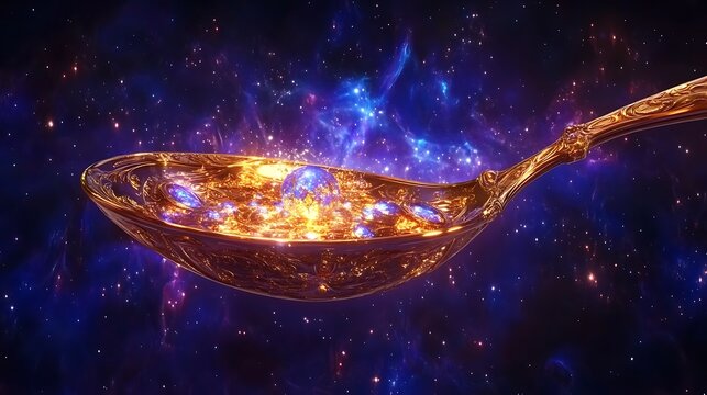 Golden spoon holding cosmic elixir in space