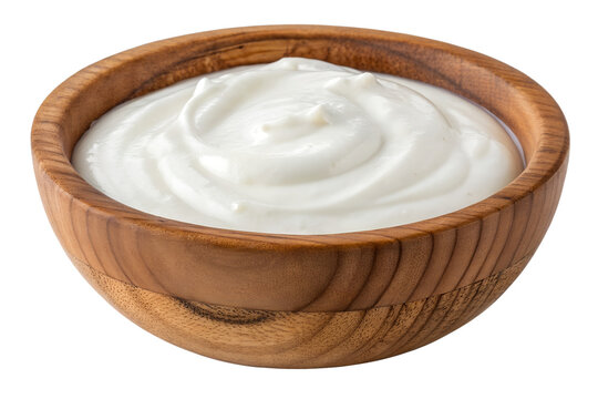 Creamy yogurt in a wooden bowl isolated on transparent background