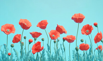 Obraz premium Vibrant Red Poppies Against Bright Blue Sky with Lush Greenery.