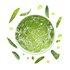Obraz premium Refreshing Green Aloe Vera Juice Splash in White Bowl with Leaves