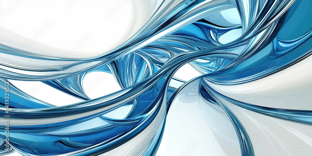 Poster abstract blue and white fluid shapes creating dynamic flowing patterns.