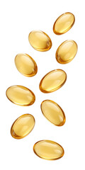 Golden gel capsules soaring isolated on transparent background