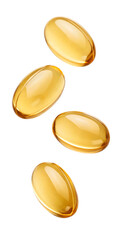 Golden gel capsules soaring isolated on transparent background